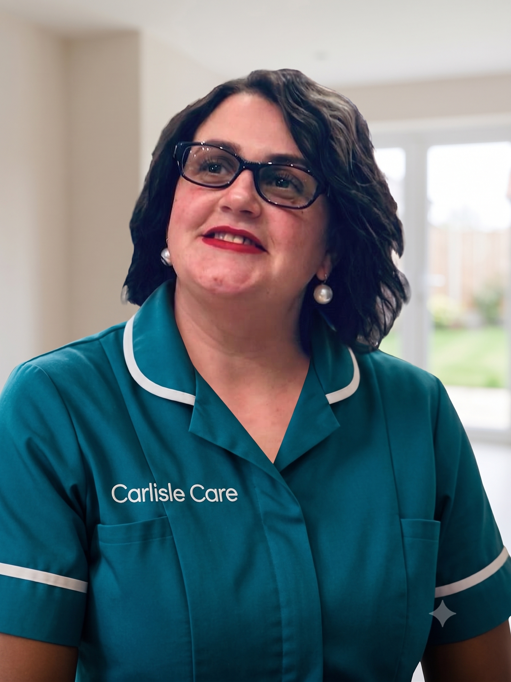 Aiga Kostanda, Senior Carer at Carlisle Care, in a teal Carlisle Care uniform