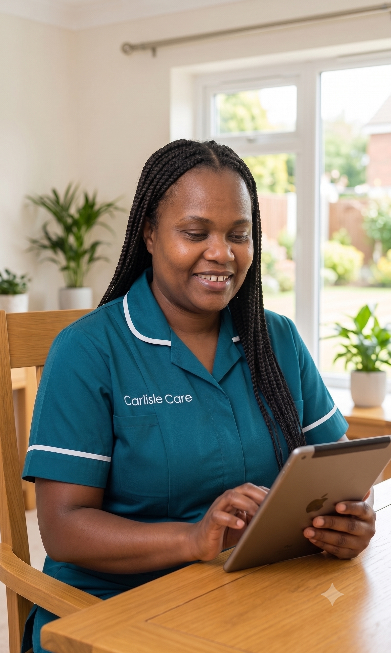 Sharon Nyoni, Registered Manager at Carlisle Care, in a teal Carlisle Care uniform