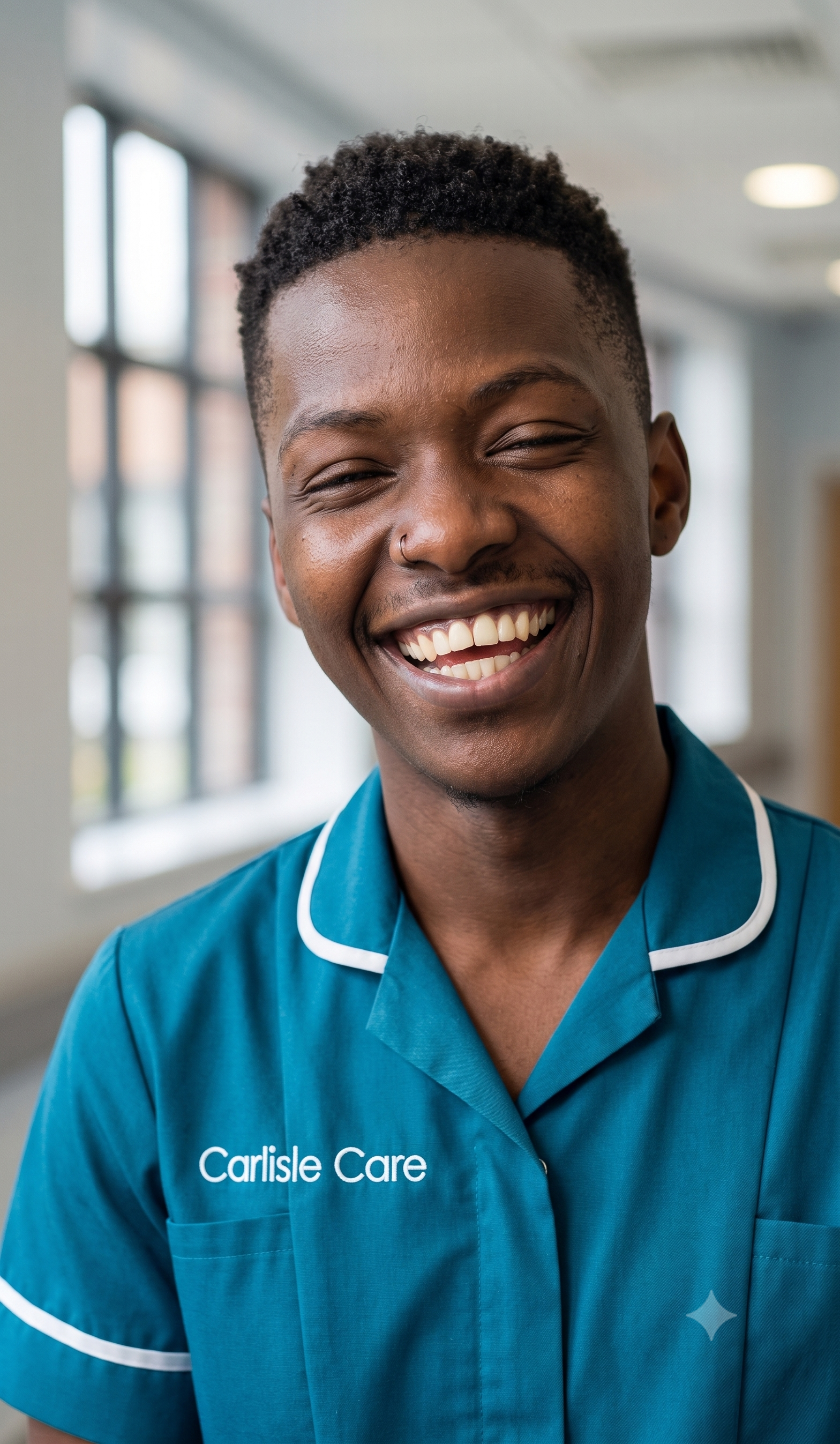 Emmanuel Nare, Nominated Individual at Carlisle Care, in a teal Carlisle Care uniform