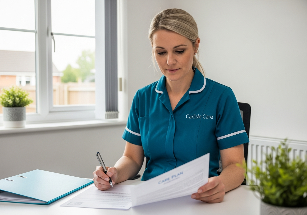 A White European Carlisle Care carer in a teal uniform reviews a care plan document in the Carlisle Care office