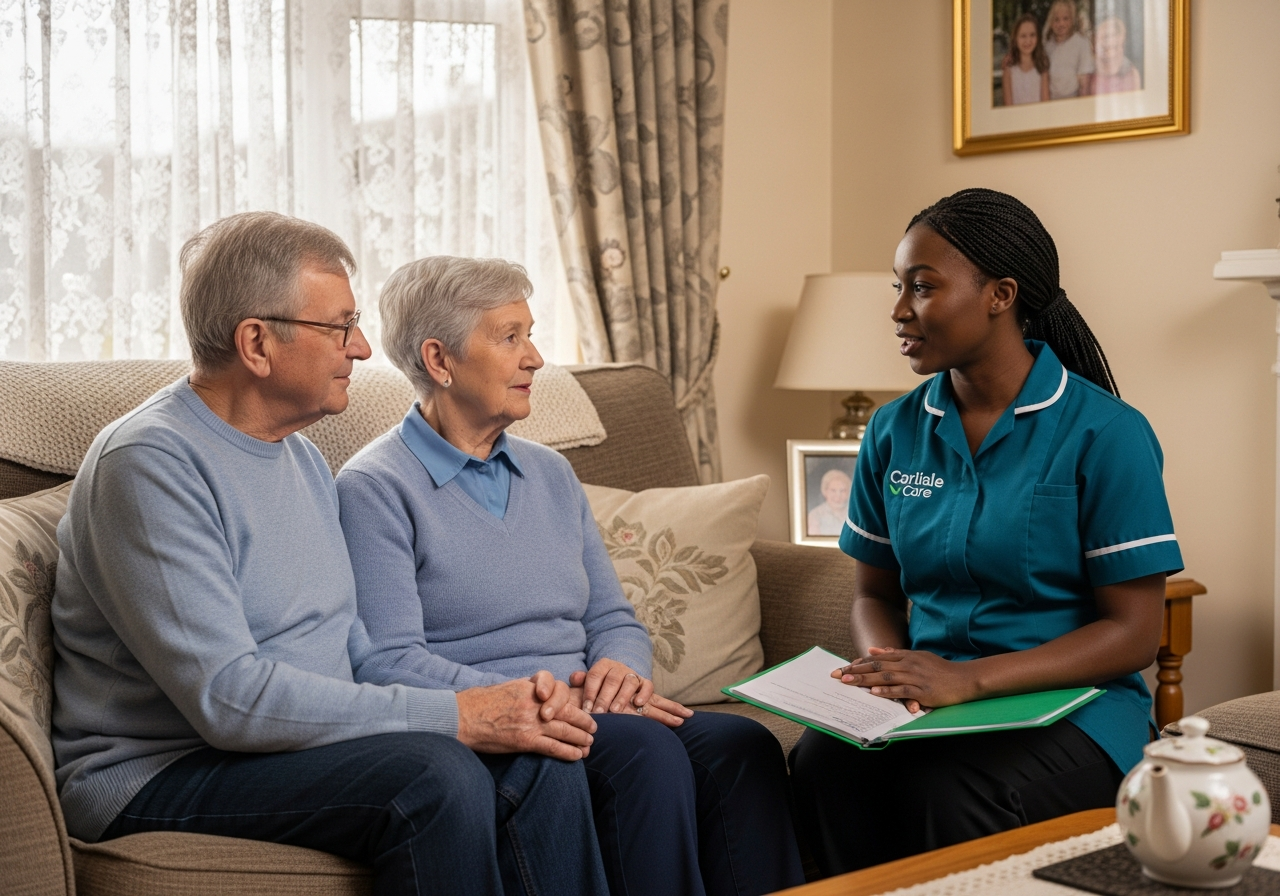 A Black African Carlisle Care carer sits in conversation with an elderly couple in their Carlisle living room