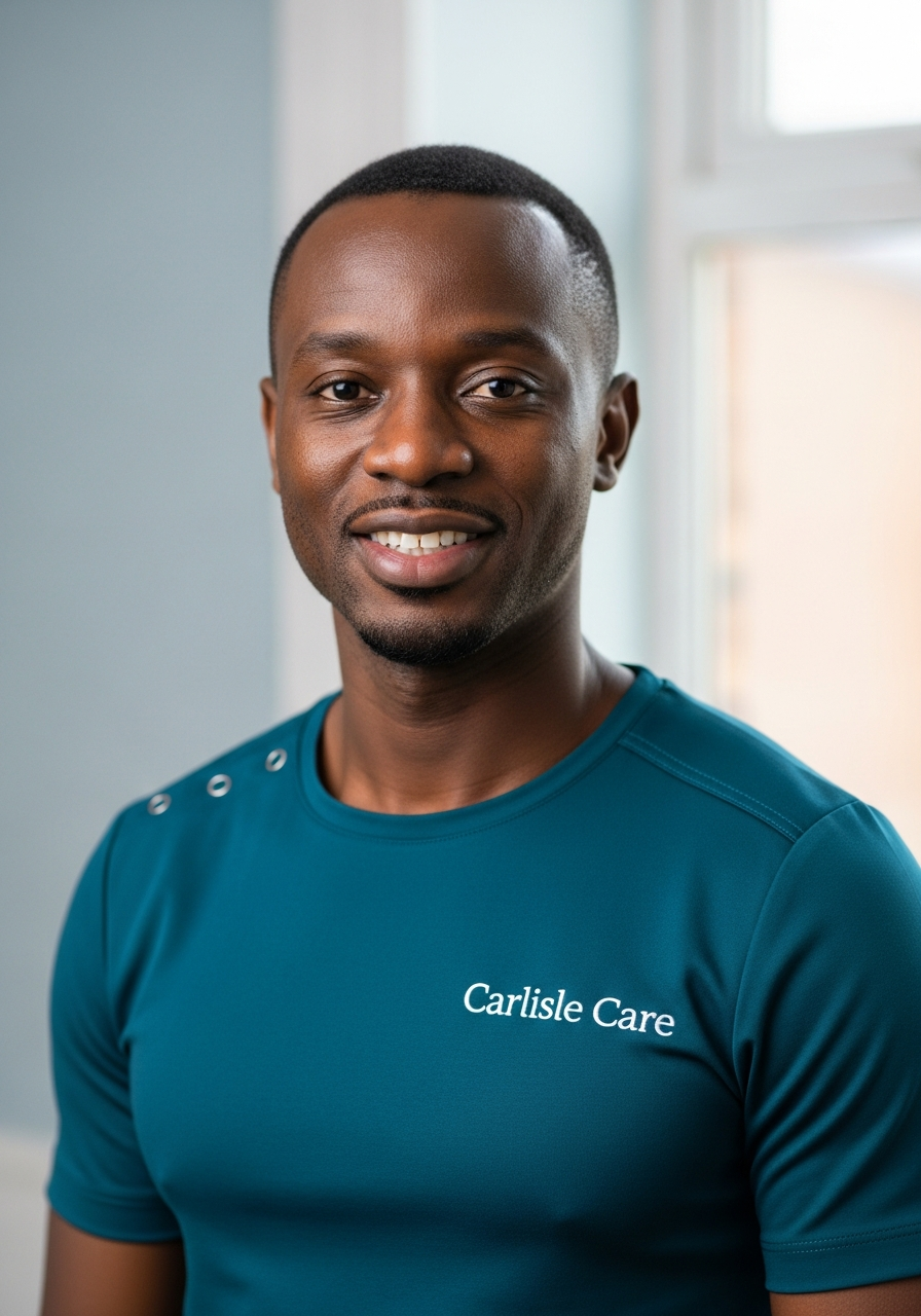 David Osei, Senior Care Coordinator at Carlisle Care, in a teal Carlisle Care uniform