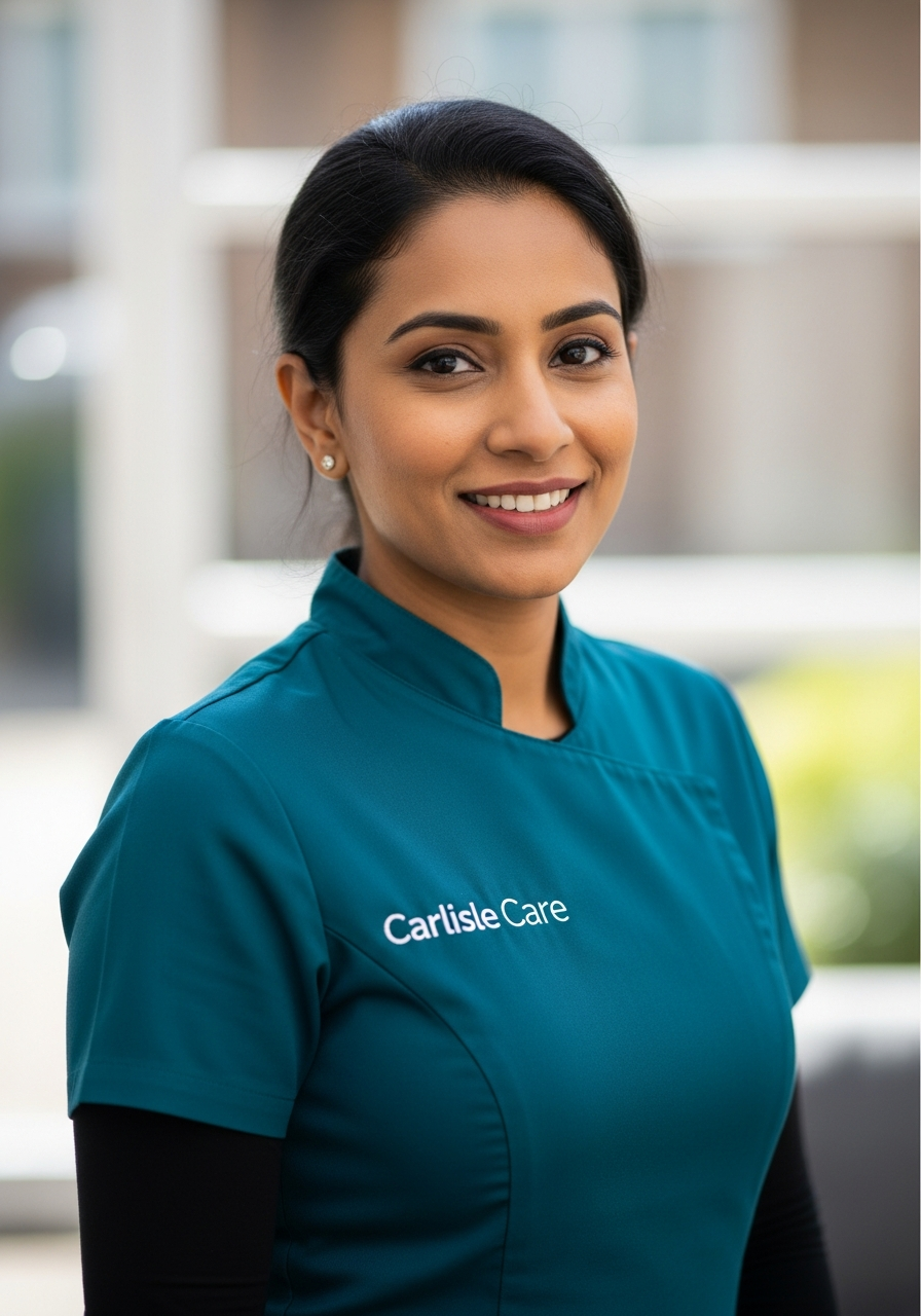 Priya Sharma, Lead Carer and Training Champion at Carlisle Care, in a teal uniform