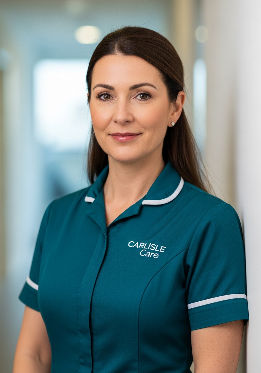 Sarah Mitchell, Registered Care Manager at Carlisle Care, in a teal Carlisle Care uniform