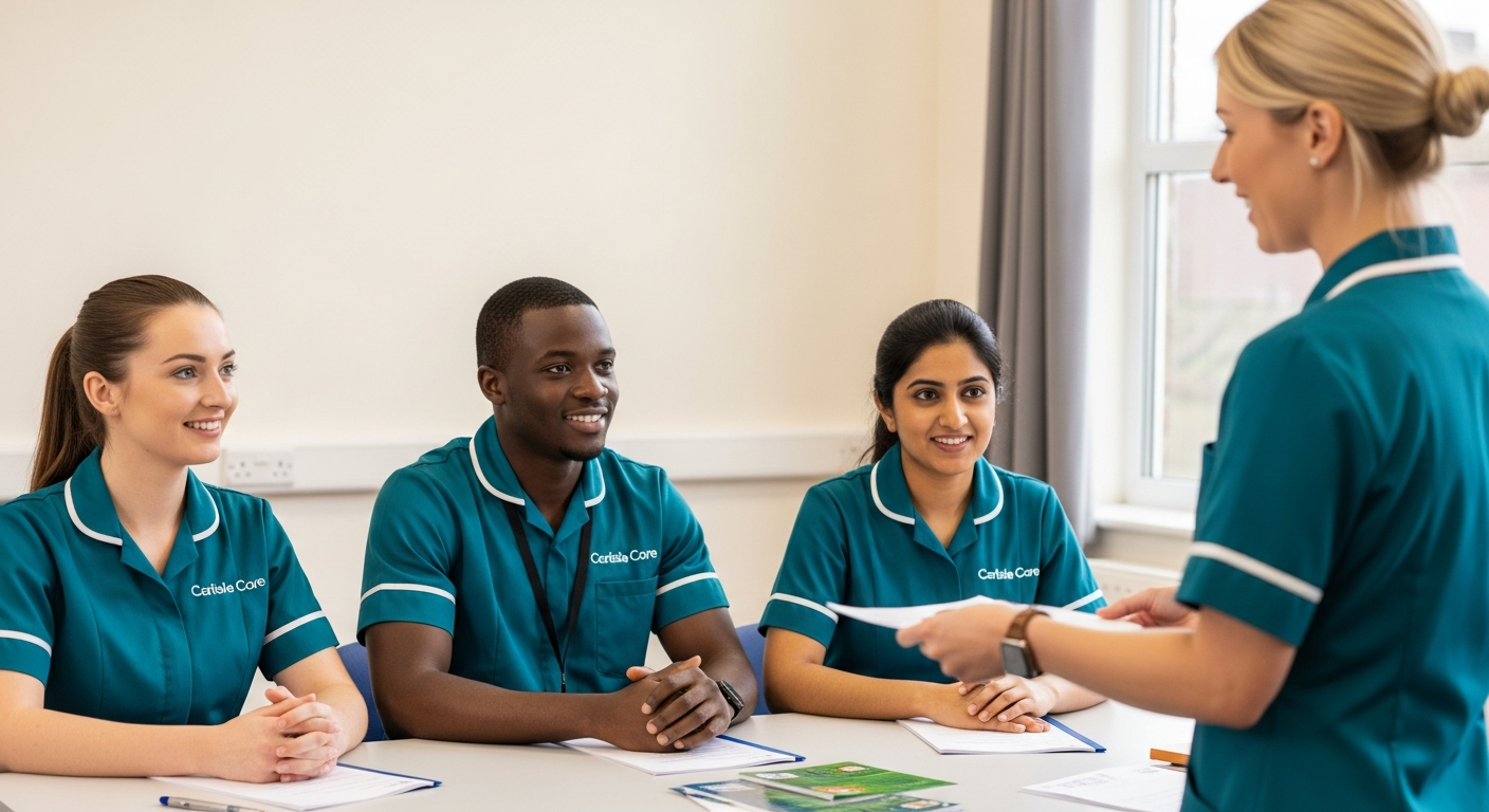 Three new Carlisle Care carers in teal uniforms attend a training session in a Carlisle training room — representing the paid induction and full training provided to all new care staff