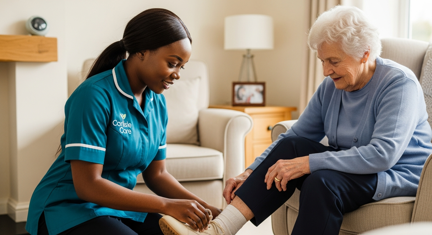 A Black African Carlisle Care female carer in teal kneels patiently to help an elderly woman with her shoes in her Carlisle home — illustrating the warmth and dignity we look for in care staff
