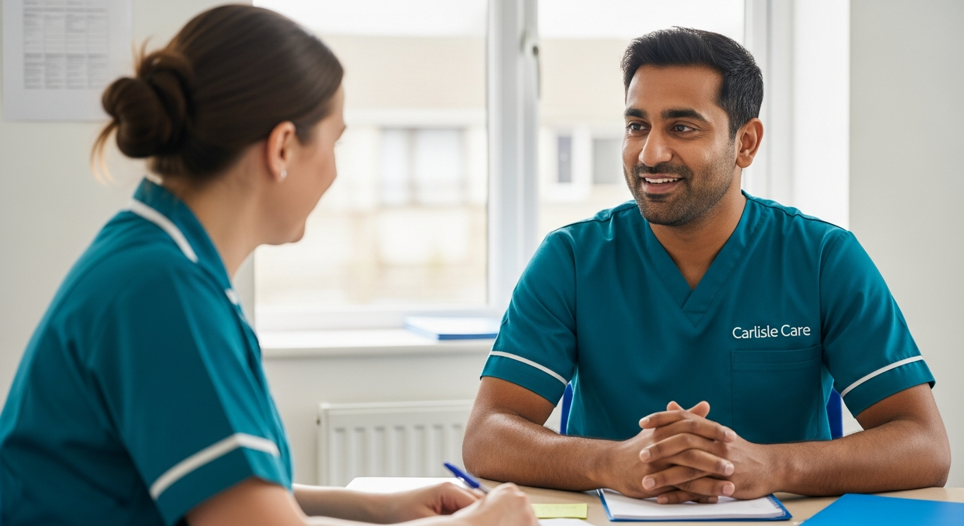 A South Asian Carlisle Care male carer in teal sits in a supervision meeting with a White European female care manager — representing the supportive culture for care staff at Carlisle Care