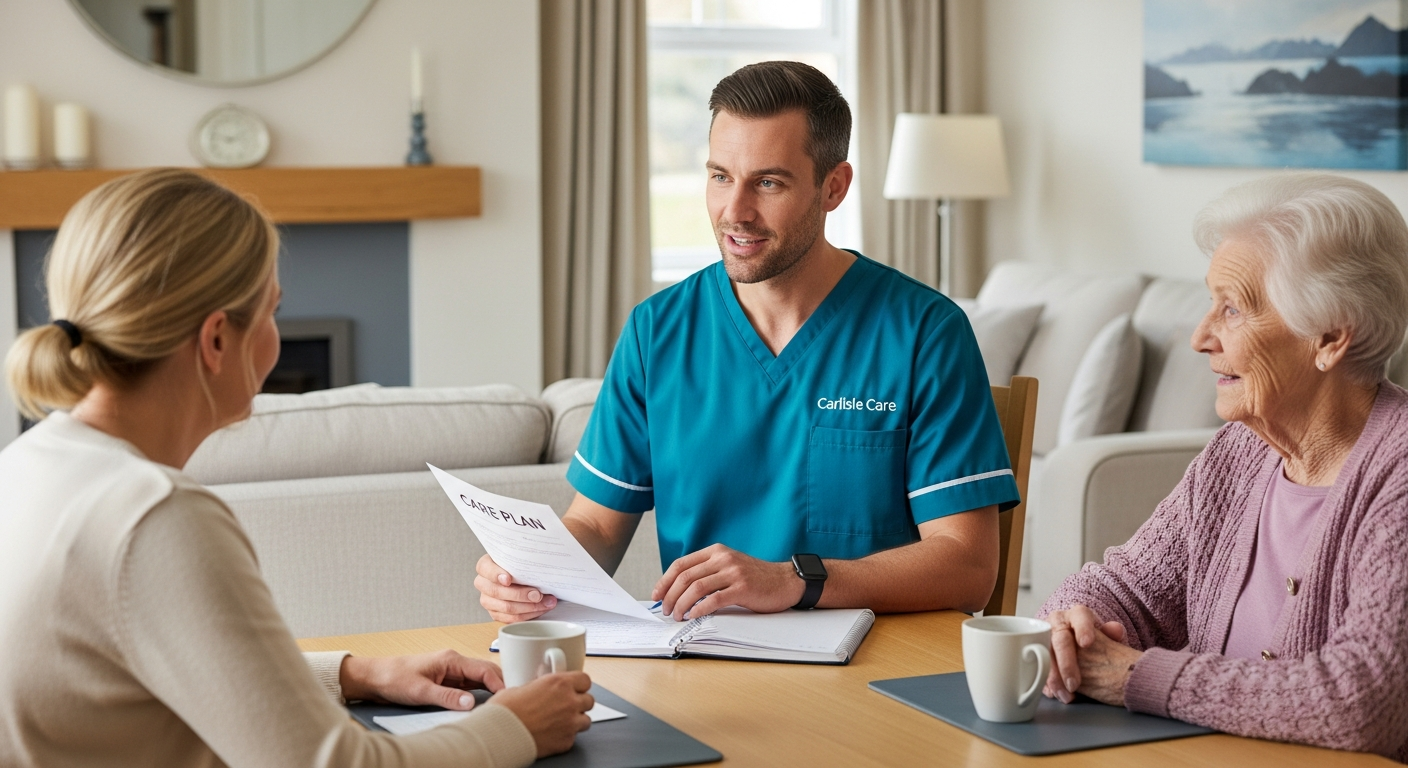A White European Carlisle Care male coordinator in teal sits with a family member and elderly woman at a Carlisle dining table, reviewing a care plan