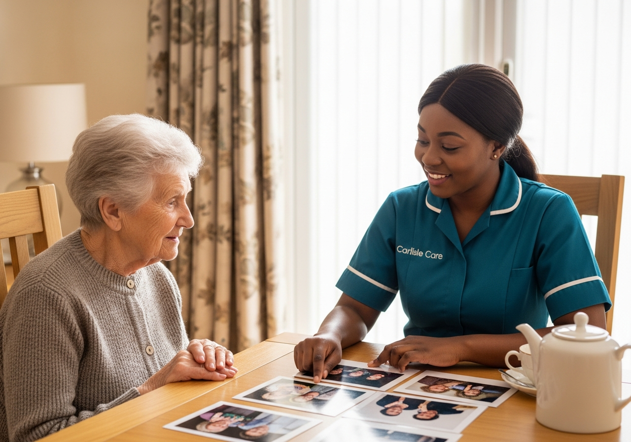 A Black African Carlisle Care dementia carer sits at a table with an elderly woman in her Carlisle home, engaging in a gentle memory activity