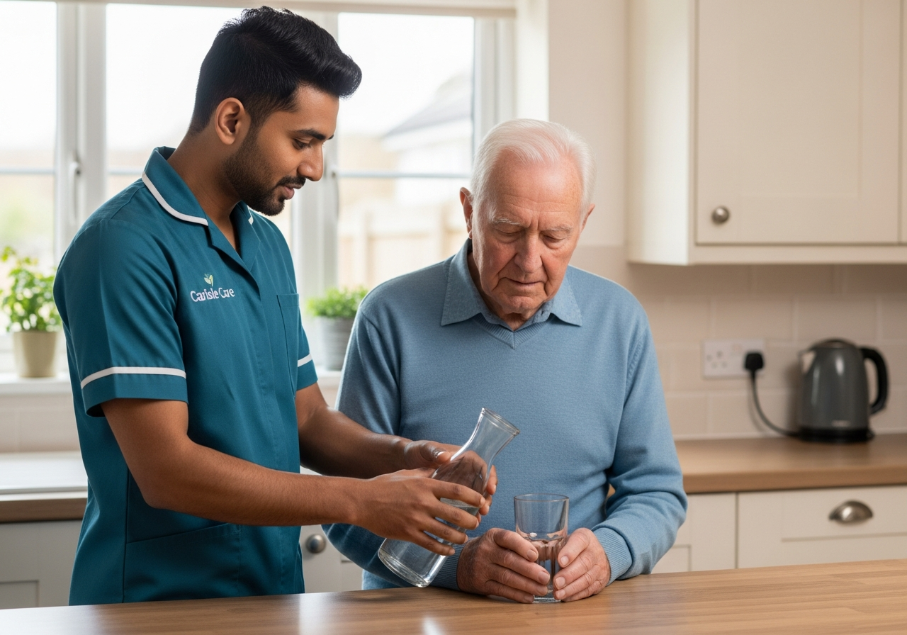 A South Asian Carlisle Care male carer in teal gently assists an elderly man in his Carlisle kitchen
