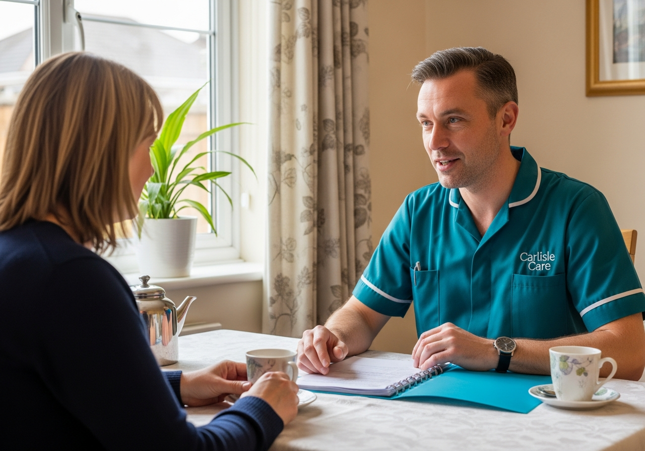A White European Carlisle Care male carer in teal uniform sits across a table speaking with a family member in a Carlisle home