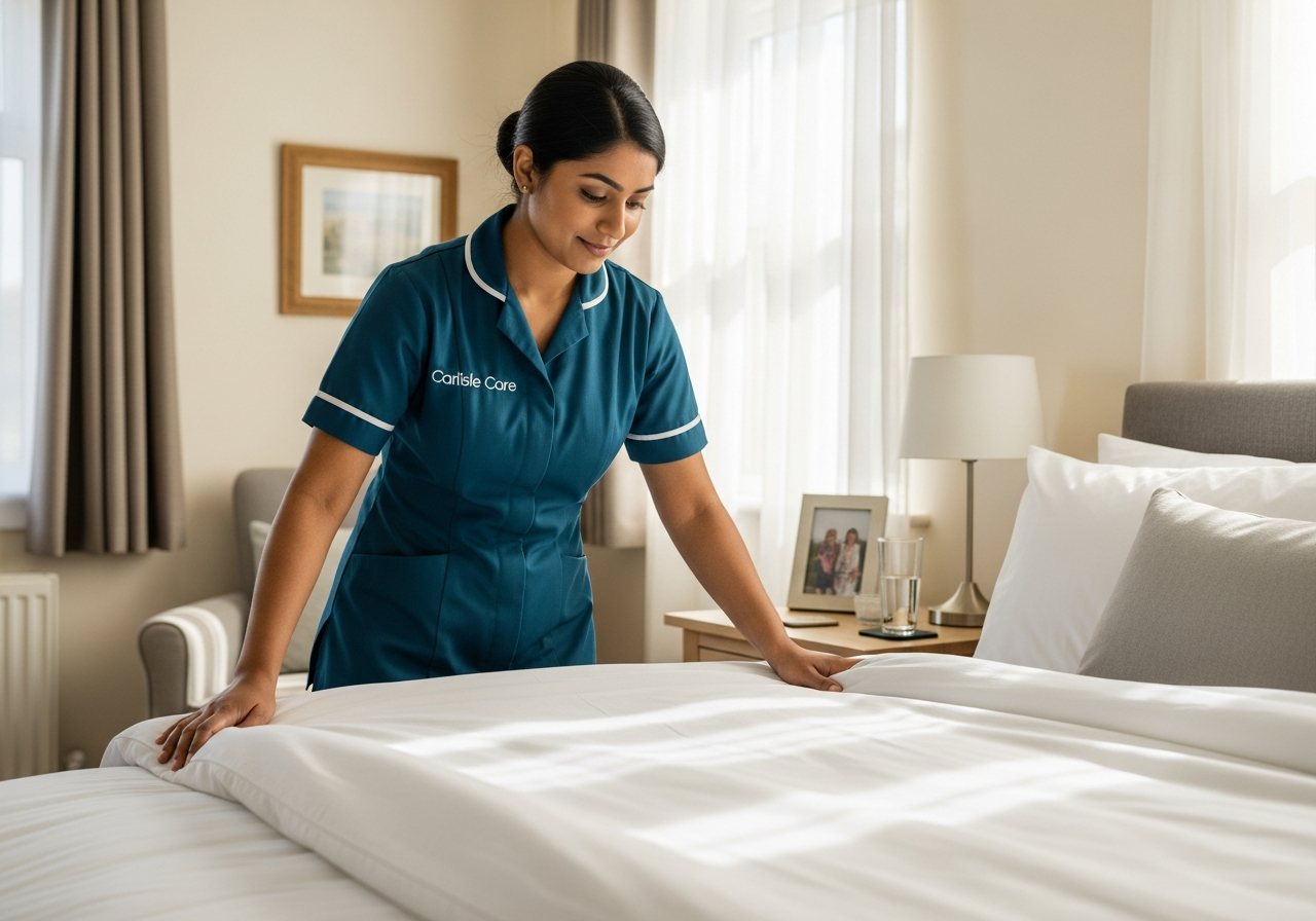 A South Asian Carlisle Care female carer in teal neatly makes a bed with fresh linen in a Carlisle bedroom