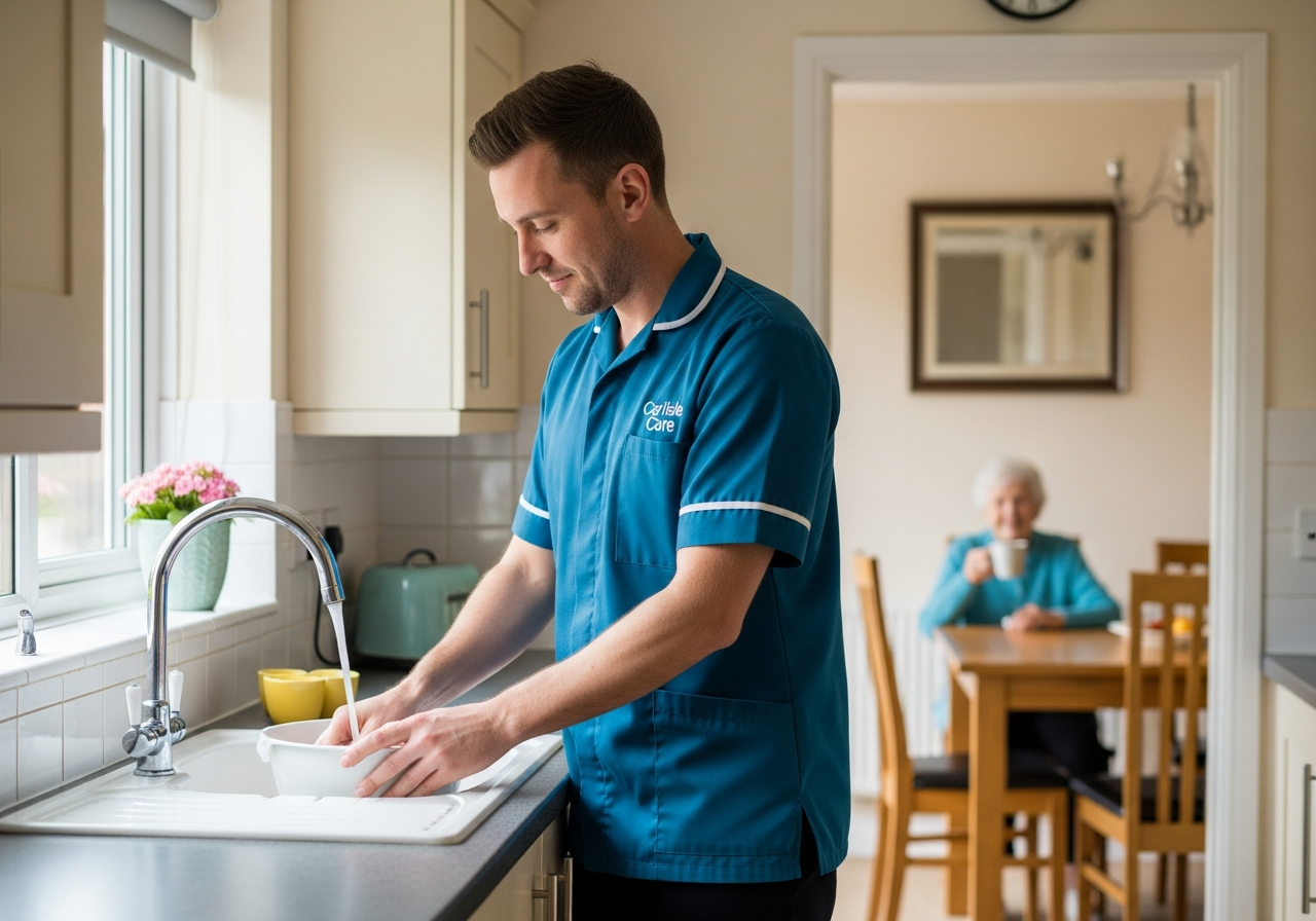 A White European Carlisle Care male carer in teal washes up at a kitchen sink in a Carlisle home while an elderly woman relaxes with tea in the background