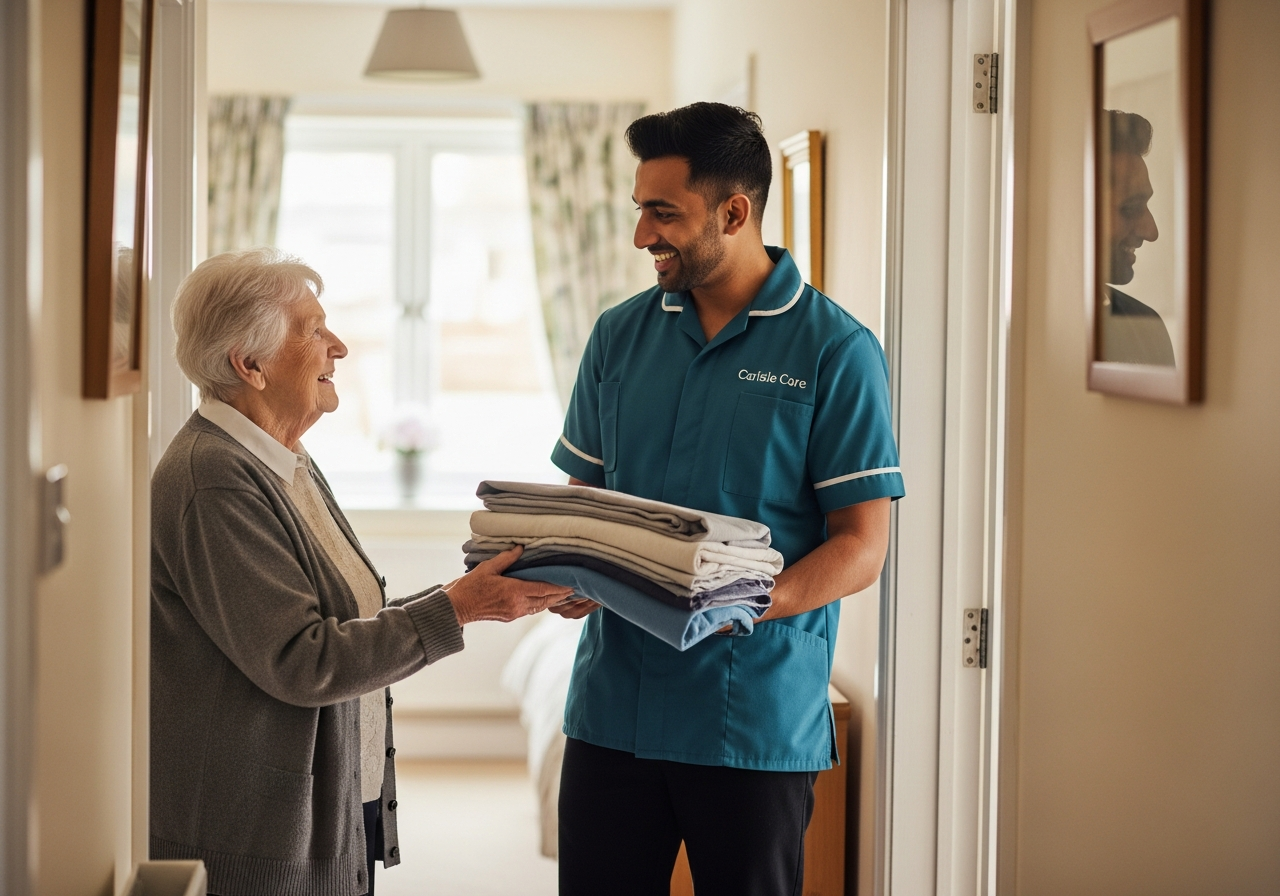 A South Asian Carlisle Care male carer in teal hands freshly ironed laundry to an elderly woman in her Carlisle home hallway
