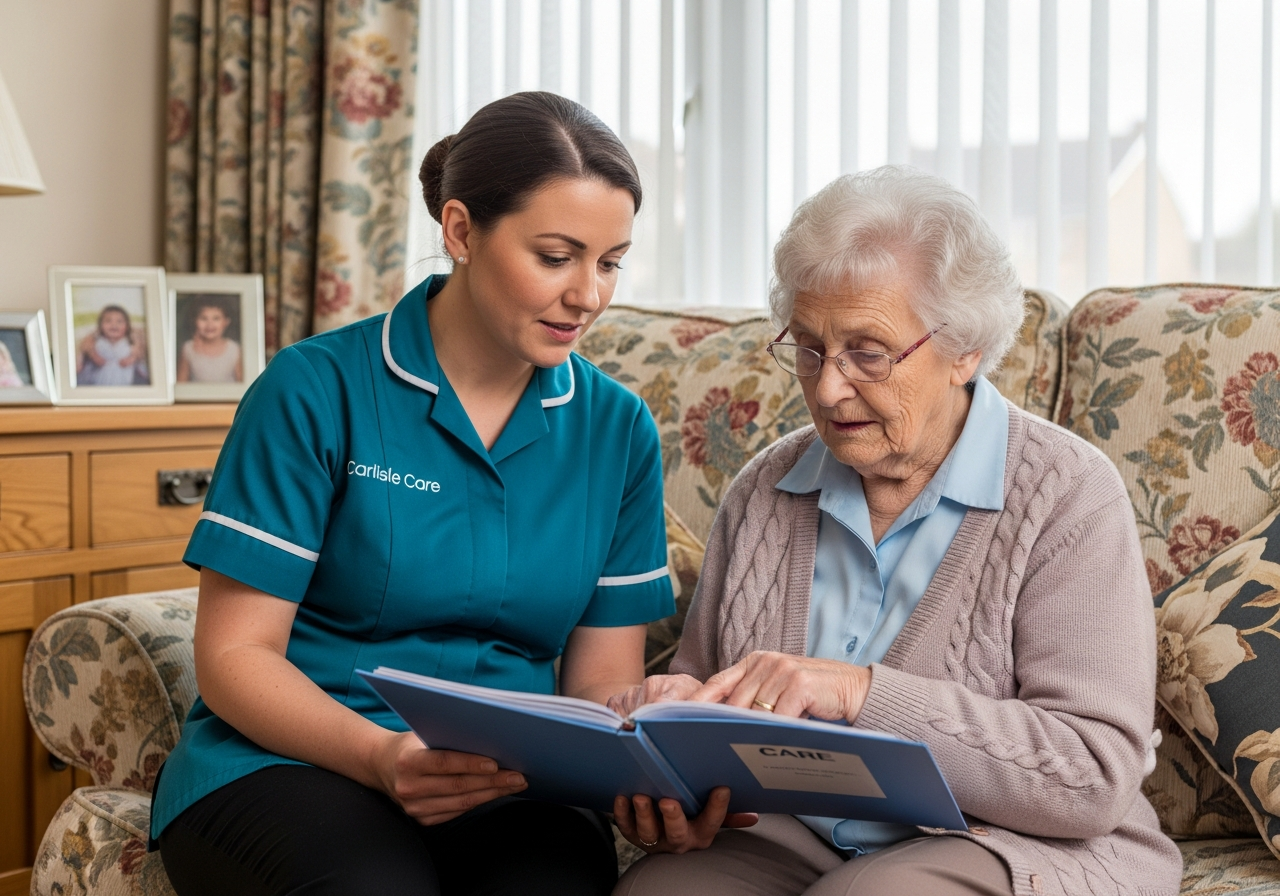 Carlisle Care carer and client looking at a care folder together