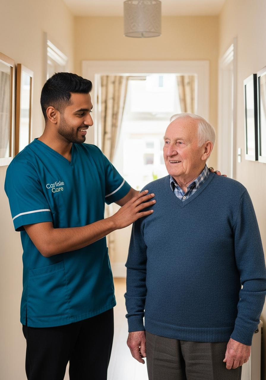 Carlisle Care carer supporting an elderly client at home