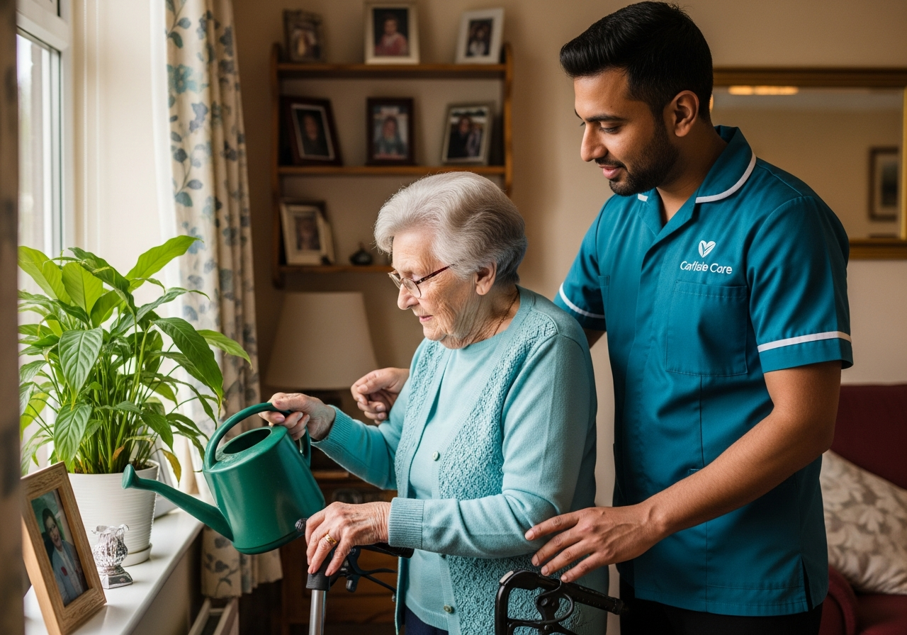 A South Asian Carlisle Care live-in male carer in teal supports an elderly woman as she tends to her houseplant in her Carlisle home