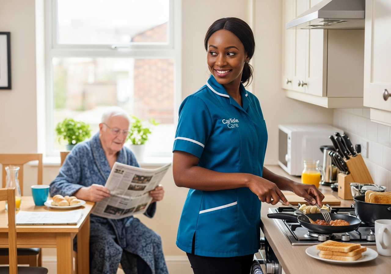 A Black African Carlisle Care live-in carer in teal prepares breakfast at the hob while an elderly man reads the newspaper at the kitchen table