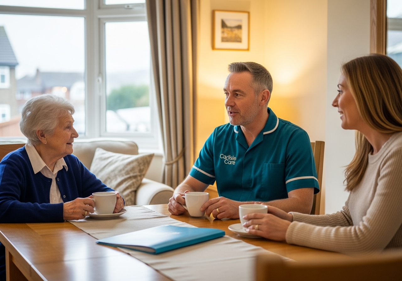 A White European Carlisle Care live-in male carer in teal sits with an elderly woman and her daughter over tea in a Carlisle home