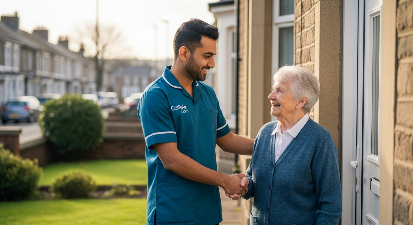 A South Asian Carlisle Care male carer in teal is greeted at the front door of a Carlisle home by an elderly woman — local home care across Carlisle and Cumbria