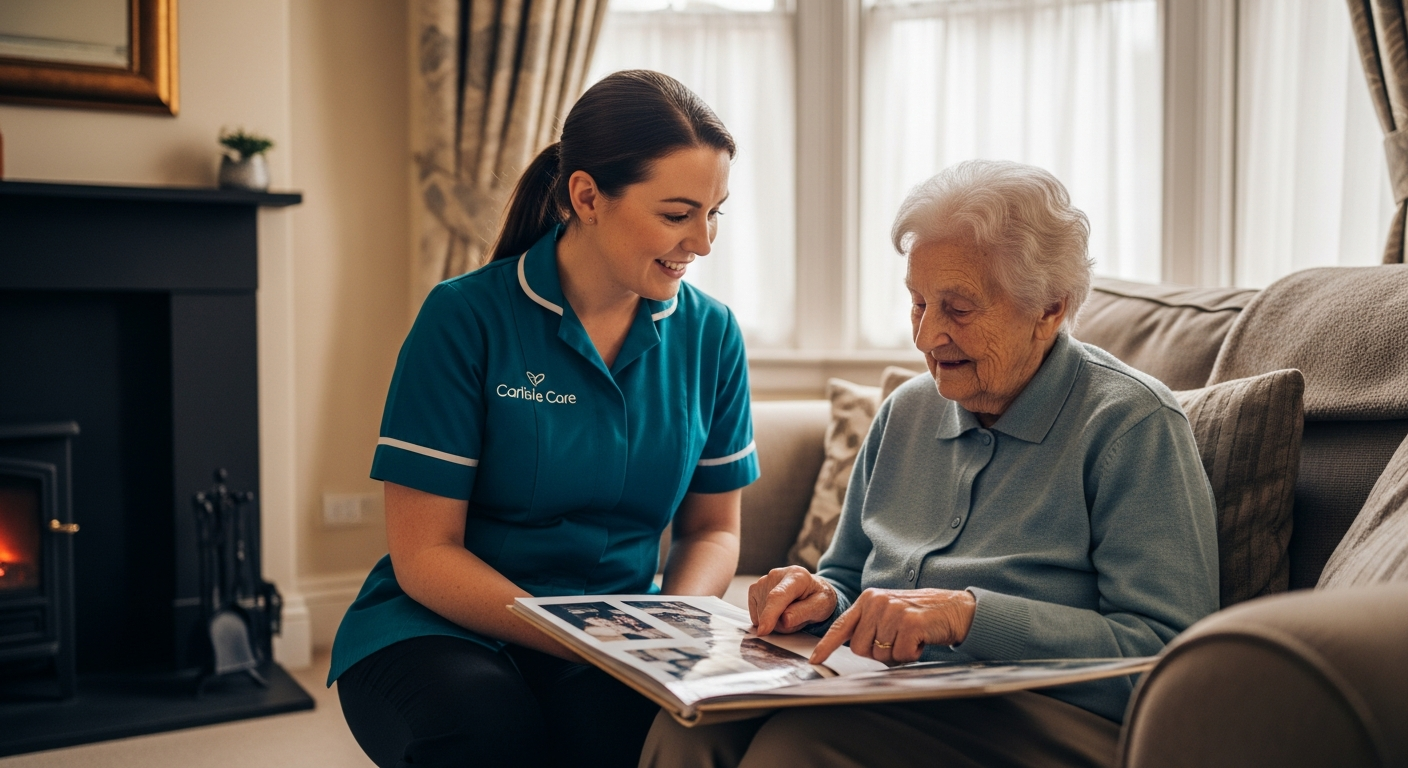 A White European Carlisle Care female carer in teal sits with an elderly woman looking at a photograph album in a Carlisle living room
