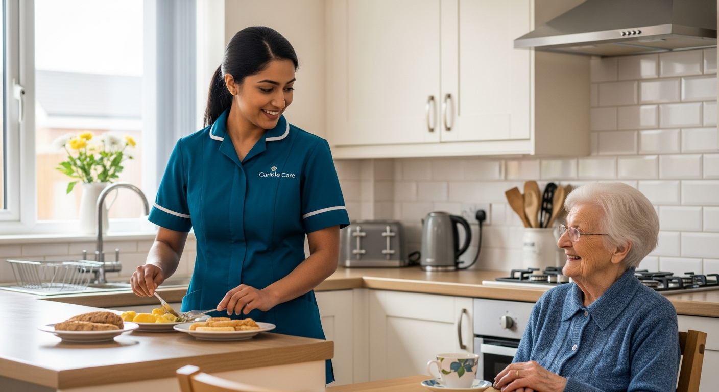 A South Asian Carlisle Care female carer in teal prepares lunch in a kitchen while an elderly woman watches from the table in Harraby, Carlisle
