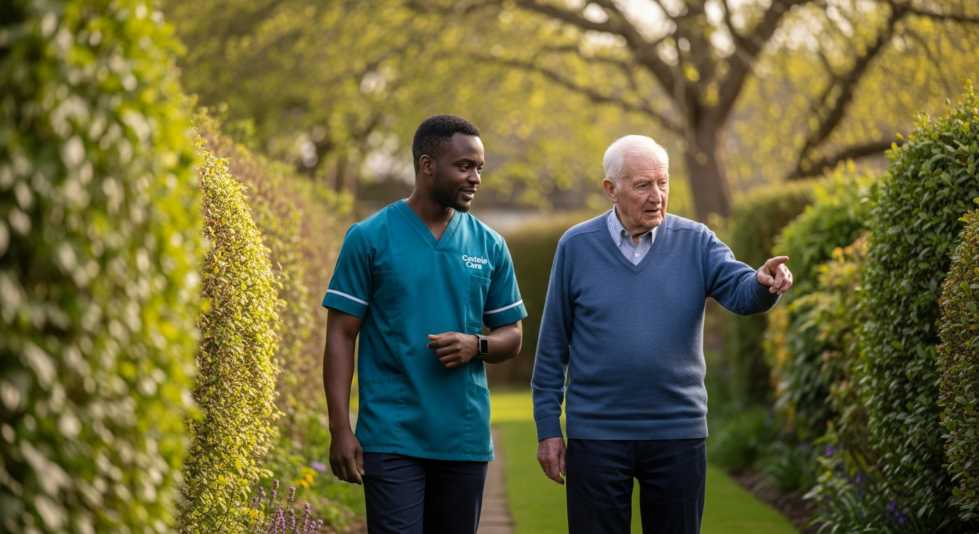 A Black African Carlisle Care male carer in teal walks with an elderly man through his garden in Stanwix, Carlisle