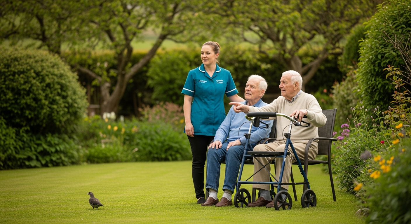 A White European Carlisle Care female carer in teal sits beside an elderly man watching a bird in his Wetheral garden