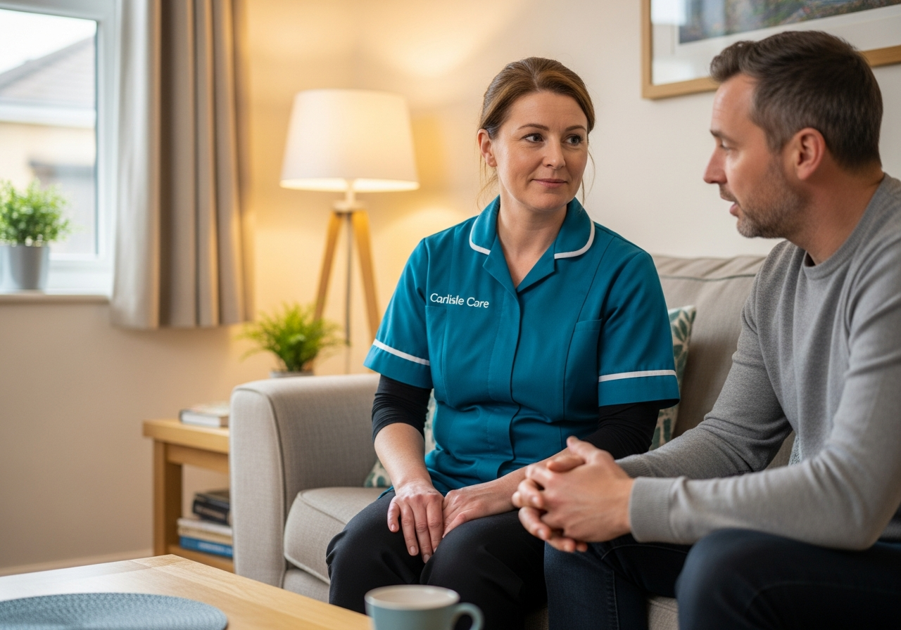 A White European Carlisle Care female carer in teal sits attentively listening to a man on his sofa in his Carlisle home