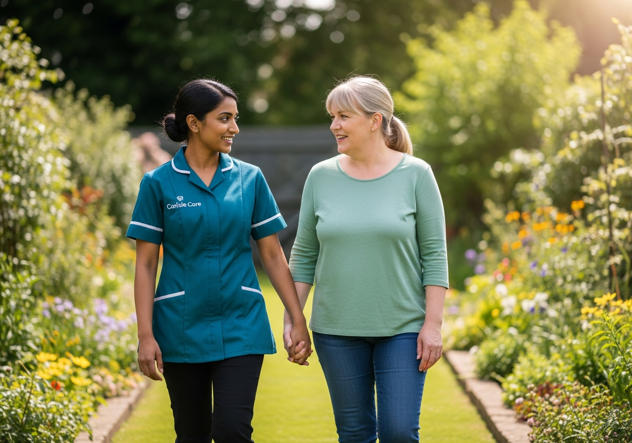 A South Asian Carlisle Care female carer in teal walks beside a woman through her Carlisle garden