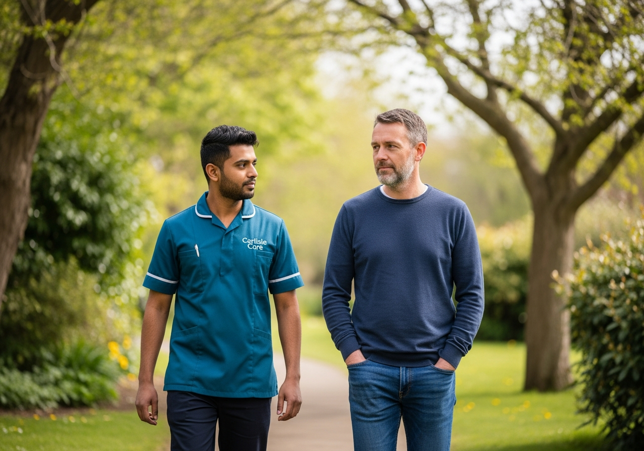 A South Asian Carlisle Care male carer in teal walks quietly alongside a man through a park in Carlisle