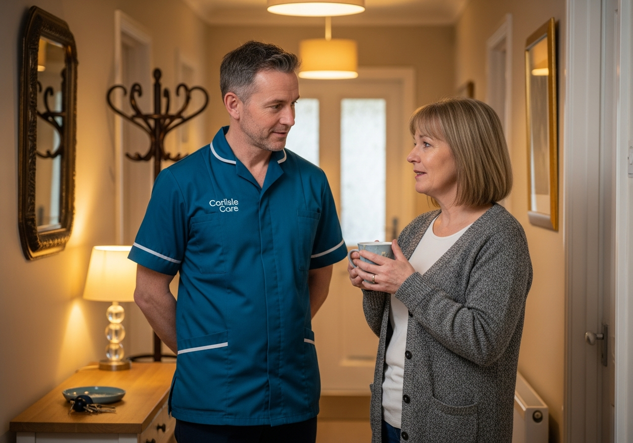 A White European Carlisle Care male carer in teal stands in quiet, empathetic conversation with a family member in the hallway of a Carlisle home