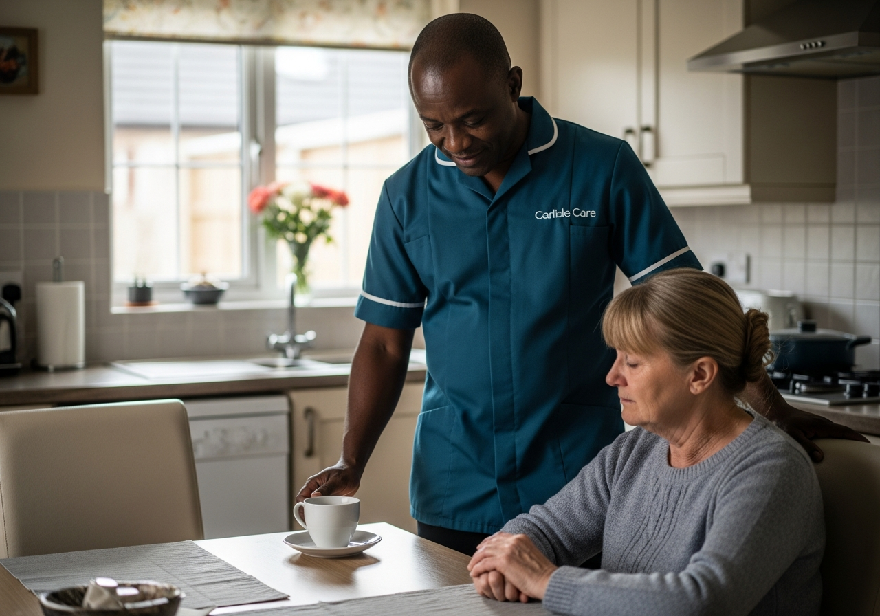 A Black African Carlisle Care male carer in teal places a cup of tea in front of a family member in a Carlisle kitchen