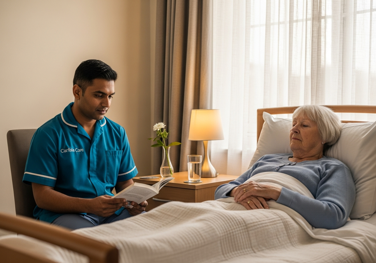 A South Asian Carlisle Care male carer in teal sits quietly beside an elderly woman resting in her Carlisle bedroom