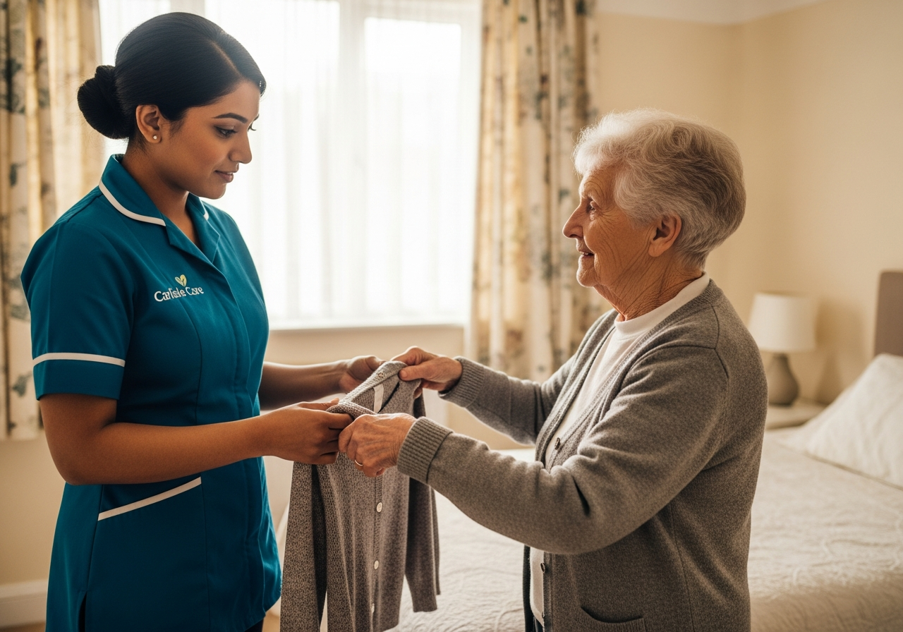 A South Asian Carlisle Care female carer in teal assists an elderly woman with getting dressed in her Carlisle bedroom