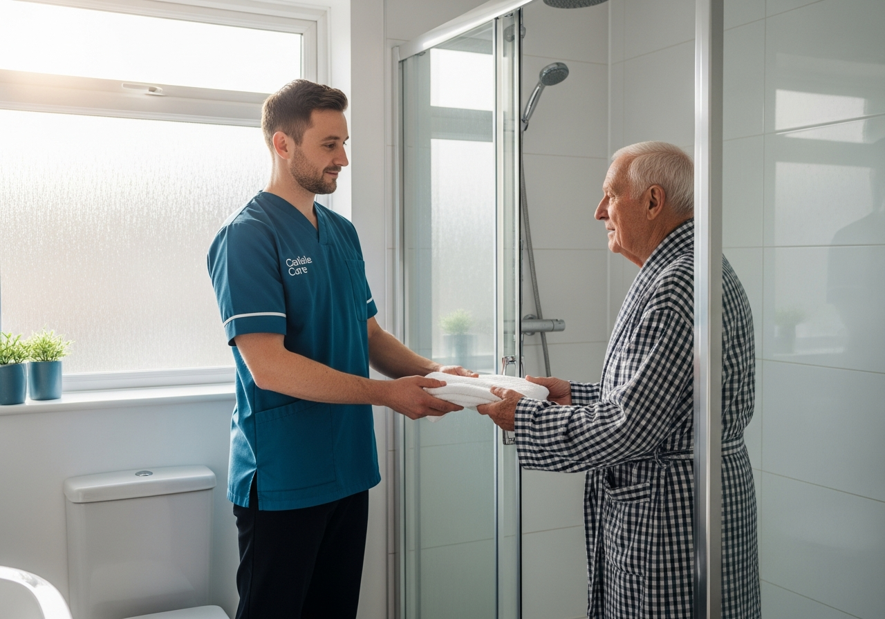 A White European Carlisle Care male carer in teal respectfully passes a towel to an elderly man at his shower in a Carlisle home bathroom