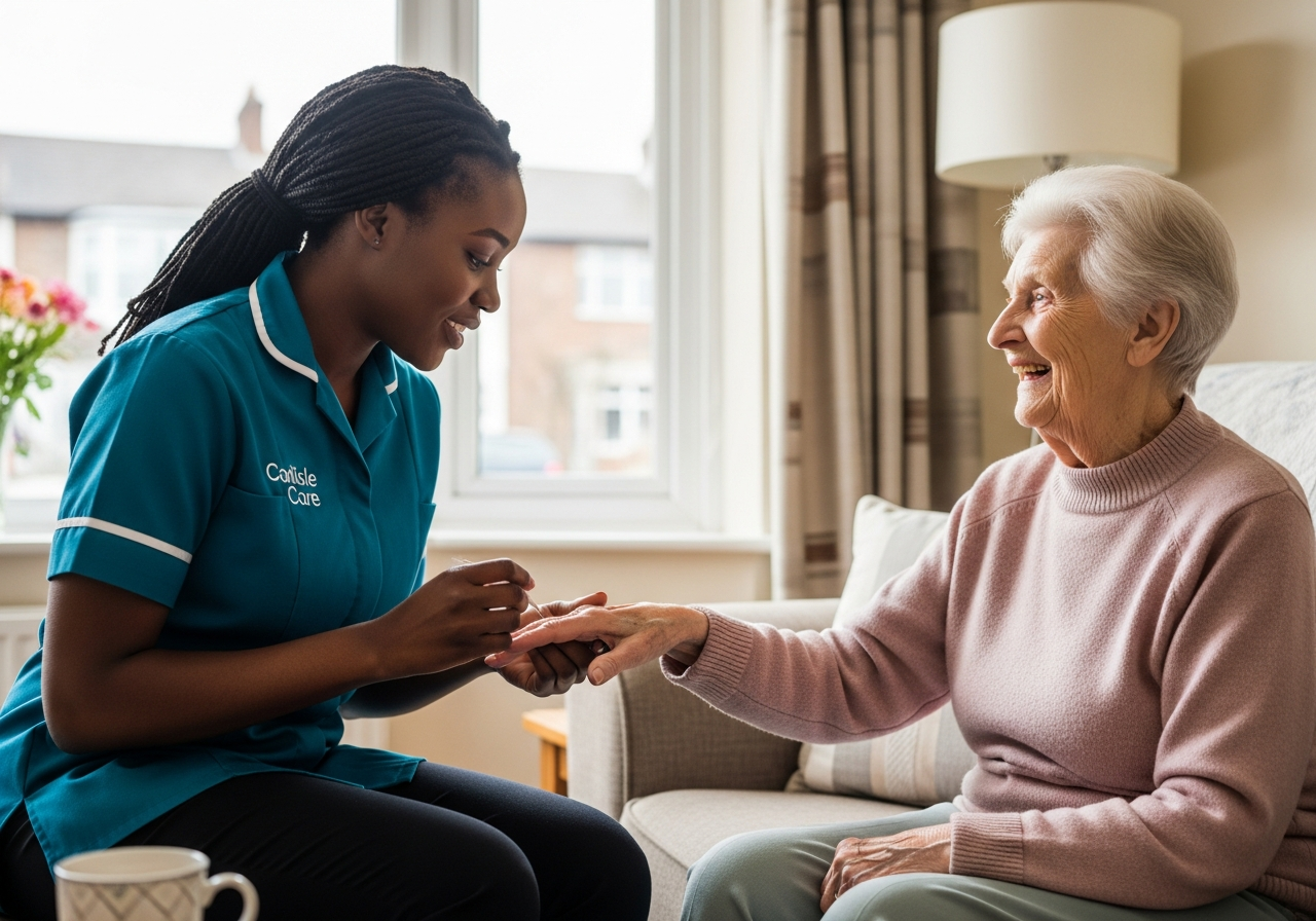 A Black African Carlisle Care female carer in teal paints an elderly woman's nails on a sofa in her Carlisle home