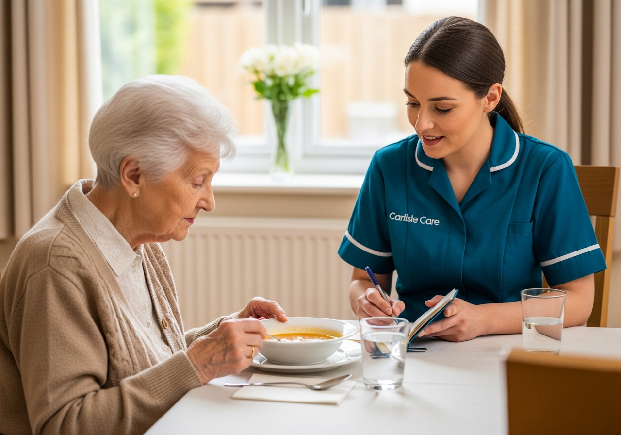 A White European Carlisle Care carer in teal sits across from an elderly woman at a dining table in her Carlisle home, monitoring her meal
