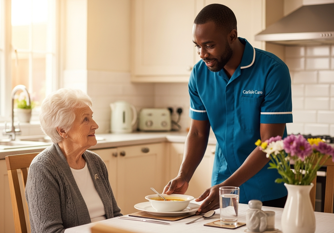 A Black African Carlisle Care male carer in teal places a freshly prepared bowl of soup on a table in front of an elderly woman in her Carlisle kitchen