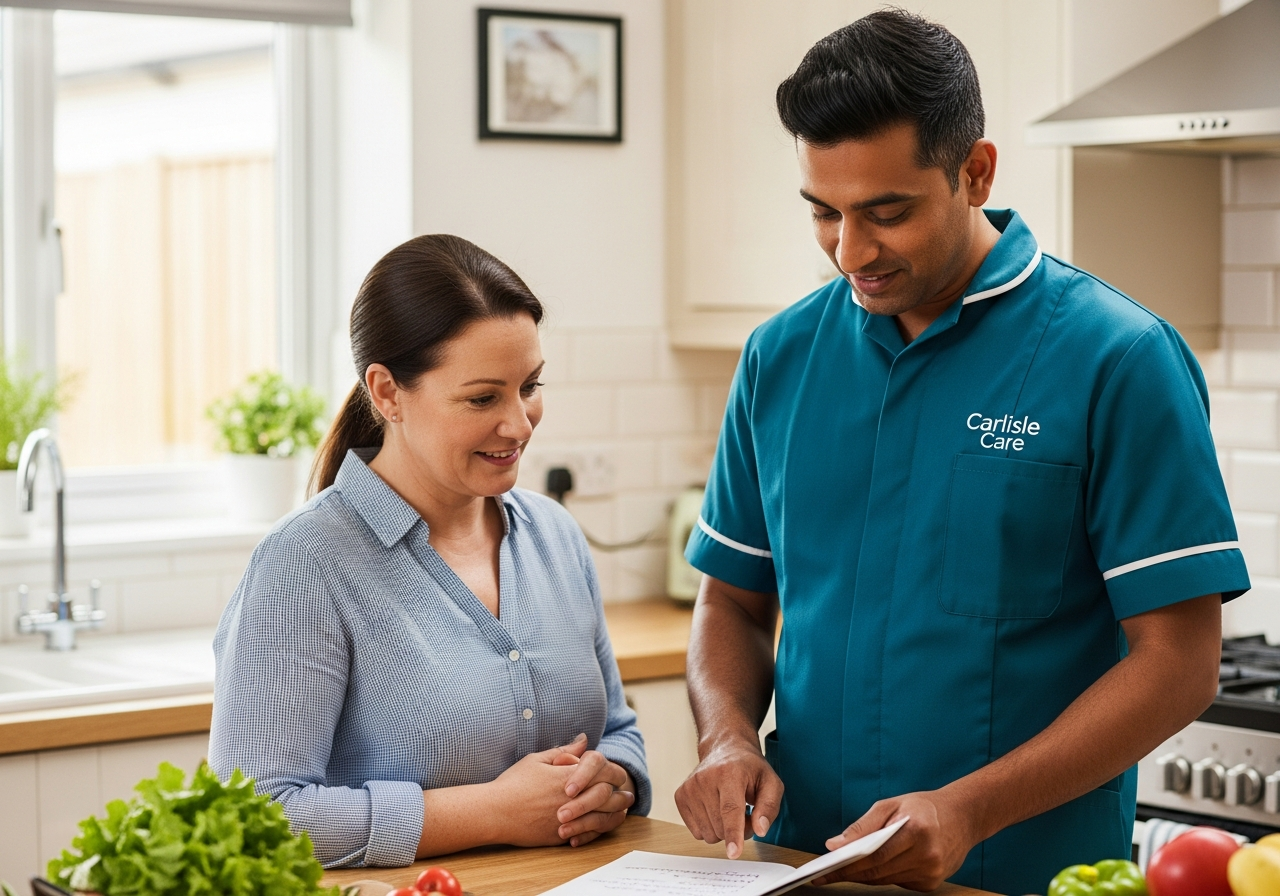 A South Asian Carlisle Care male carer in teal reviews a weekly meal plan with a family member in a Carlisle kitchen