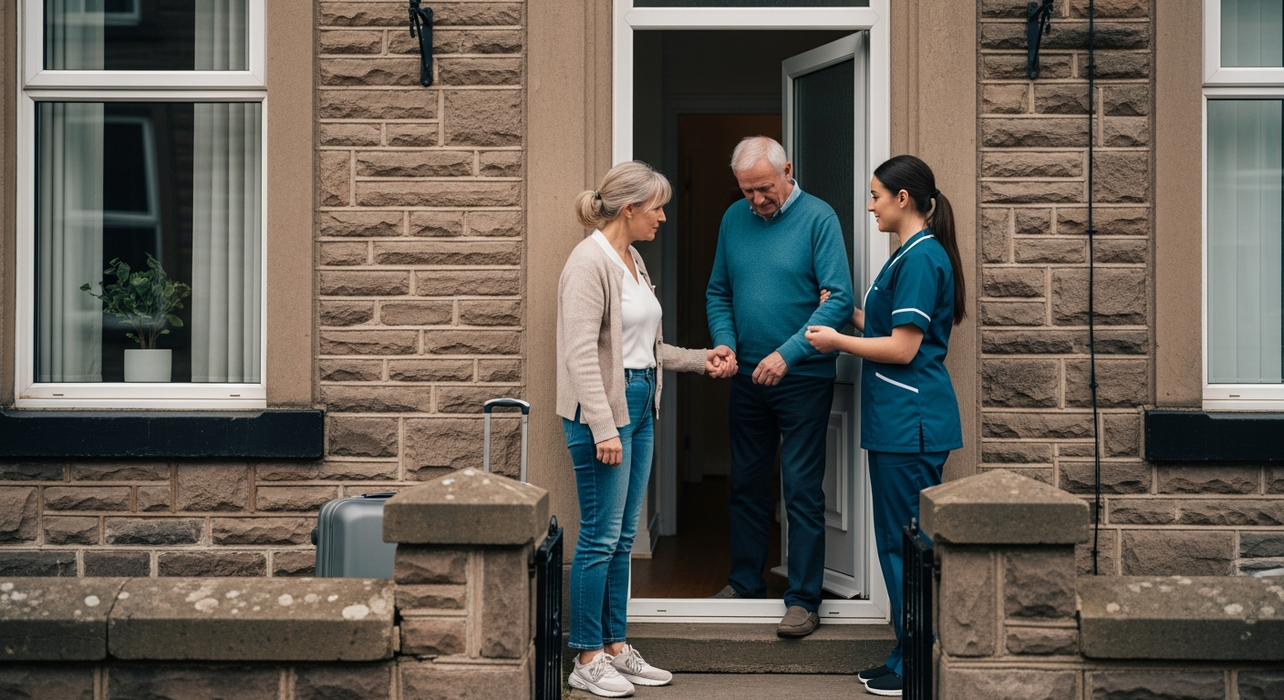 A tired family carer hands over the care of her elderly father to a Carlisle Care professional carer — respite care in Carlisle