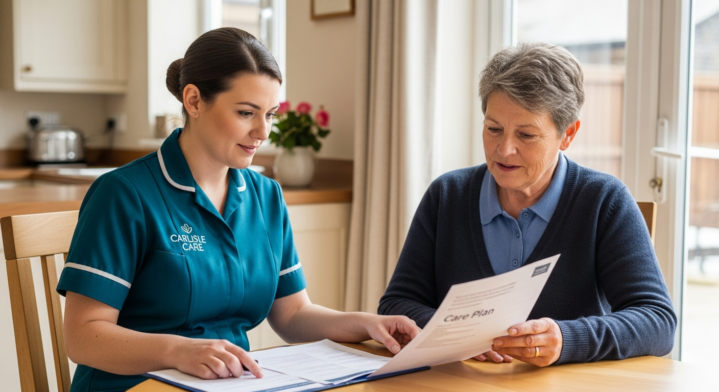 A Carlisle Care coordinator and family carer review a care plan together at a kitchen table before a respite period begins