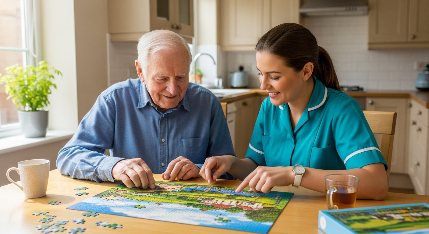 Elderly man and carer working on a jigsaw puzzle together at a kitchen table in Carlisle — respite care companionship