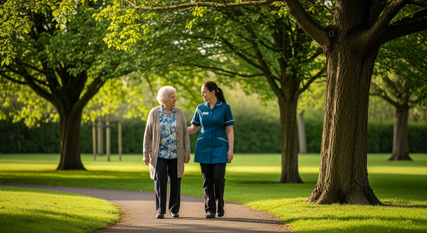 A Carlisle Care carer walks with an elderly woman through a park in Carlisle — respite care that prioritises dignity and wellbeing