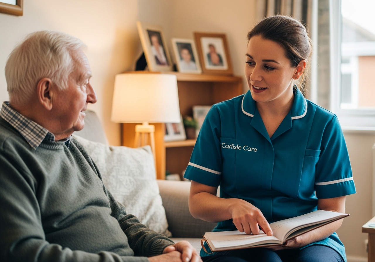 A White European Carlisle Care carer explains a written care plan to an elderly man on his sofa in his Carlisle home