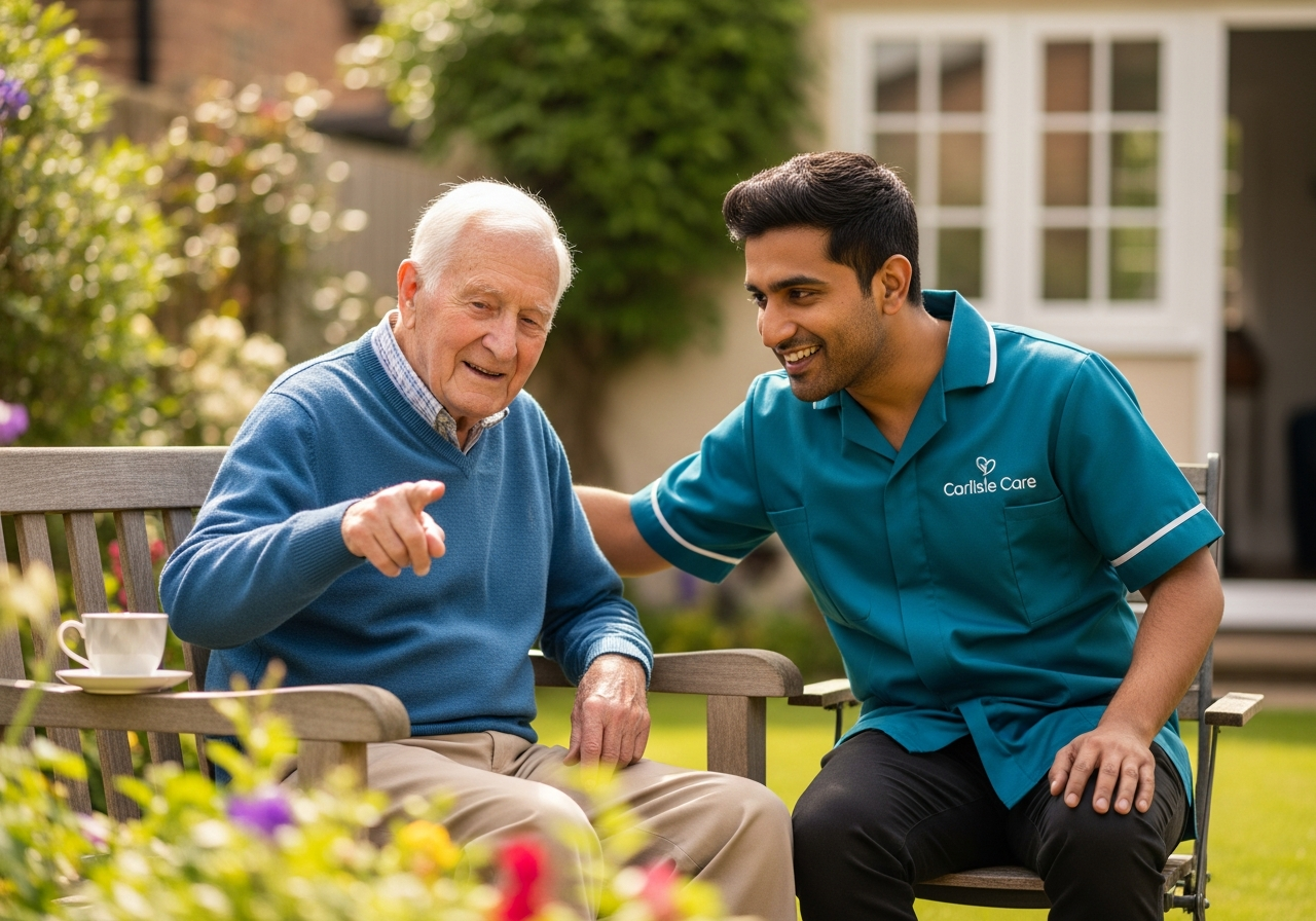 A South Asian Carlisle Care male carer in teal sits with an elderly man on a garden bench in Carlisle, sharing a warm moment looking at the garden