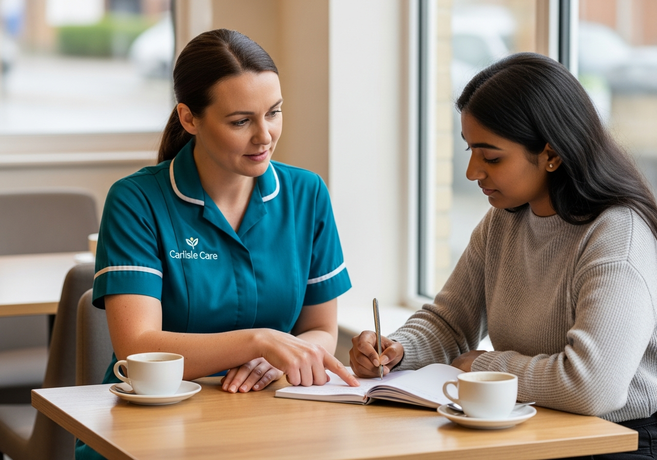 A White European Carlisle Care female carer in teal sits supportively beside a young South Asian woman making notes in a community café in Carlisle