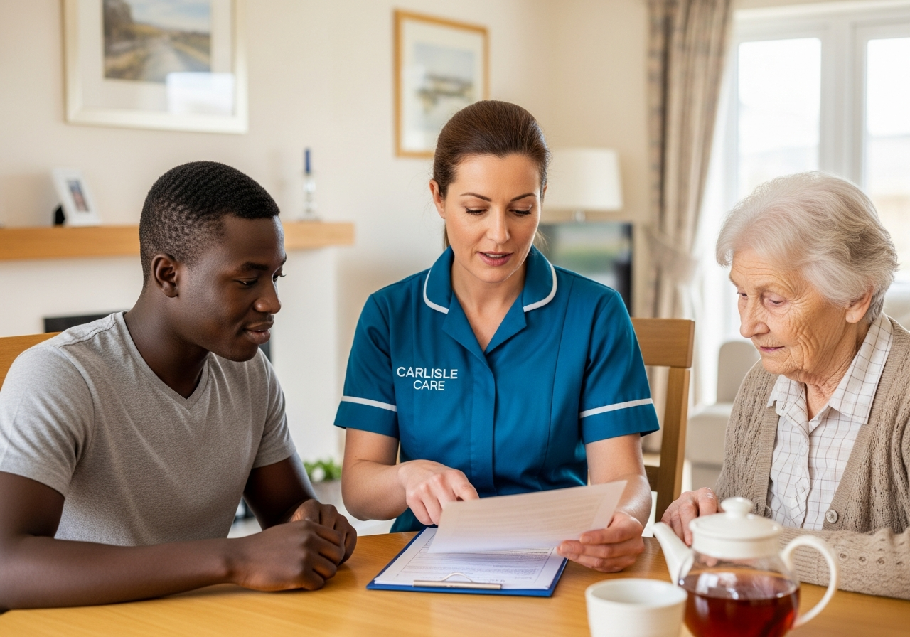 A White European Carlisle Care female carer in teal sits at a table with a young man and an elderly woman in a Carlisle home, reviewing a care plan together